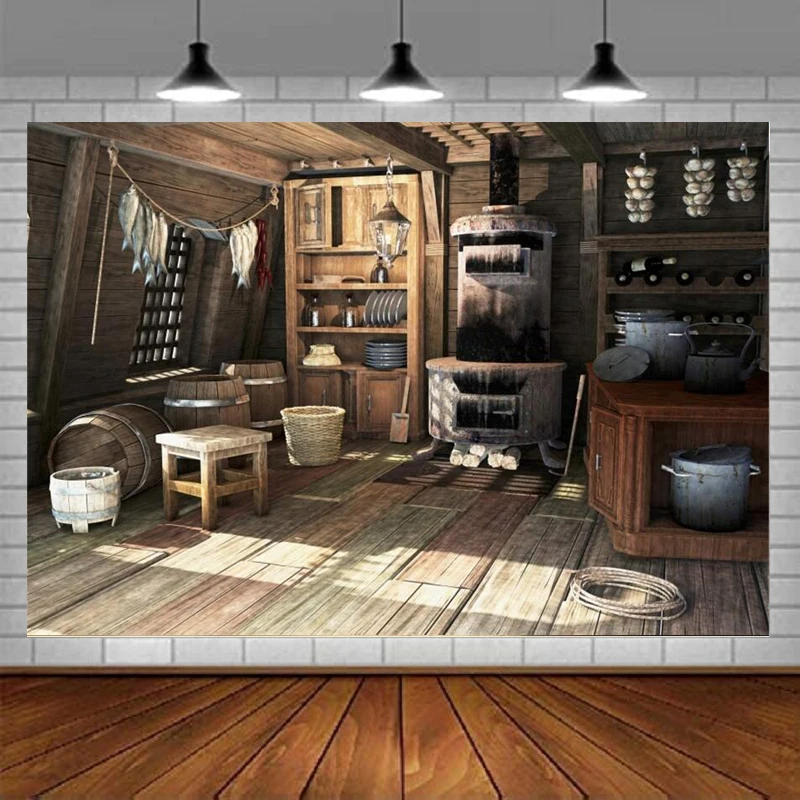 

Rustic Old Kitchen Interior Photography Backdrop Hanging Fishes Foods Furnace Wooden Floor Background Farmer Cowboy Shoot Banner