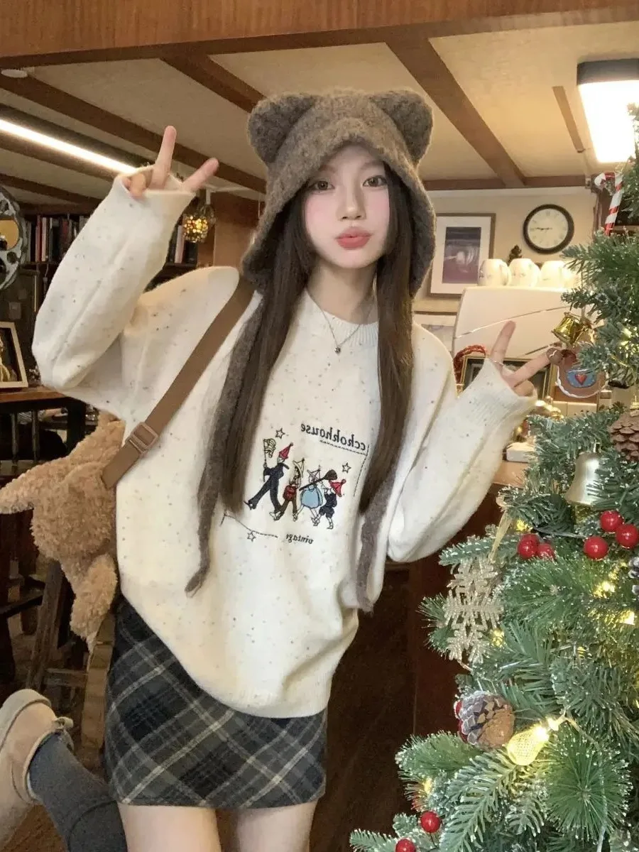 Women’s Cartoon Knit Sweater - Loose Long Sleeve Pullover