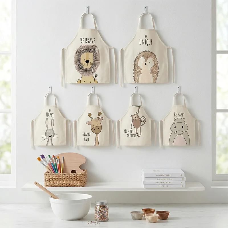 

Cute Animal Kids Apron for Girls Boys Inspirational Quote Children's Baking Pinafore School Art Painting Smock Kitchen Tablier