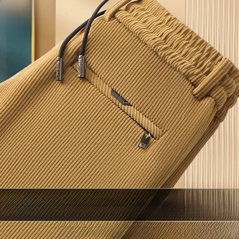 

Men's Autumn Winter Fce Lined Thi Warm Casual Long Pants Elastic Waist Corduroy Workwear Straight Leg Trousers Trendy