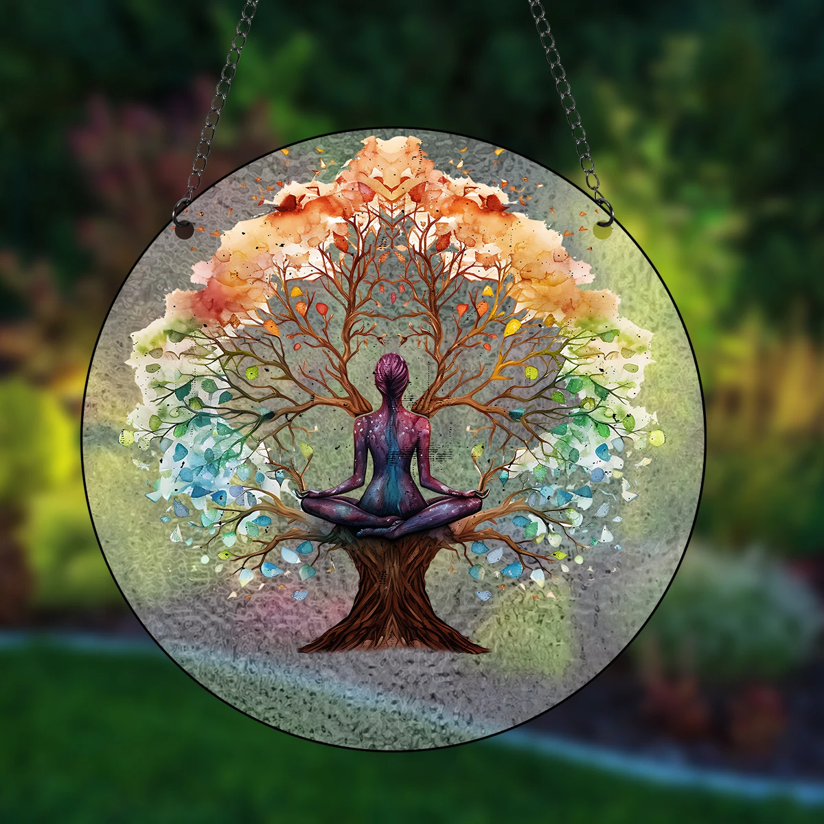 Glass Pattern Yoga Tree of Life Stained Suncatcher Four Seasons Theme Window Wall Hanging Ornament Glass Panel Decor