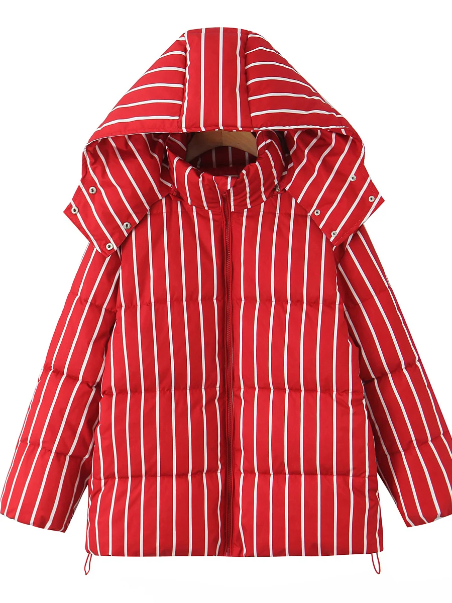 Twotwinstyle americano casual listrado para baixo casaco para mulher com capuz mangas compridas solto emendado zíper jaqueta feminina roupas de inverno