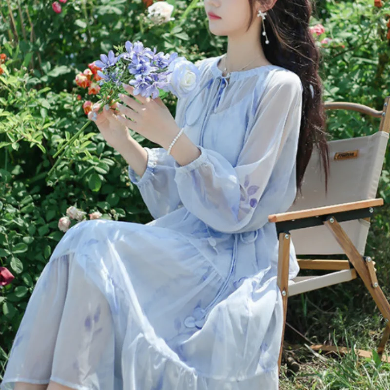 Sweet Academy Style Elegant Ink Print Waist Tie Up Two Piece Chiffon Dress Women Round Neck Lantern Sleeves A-line Long Dresses
