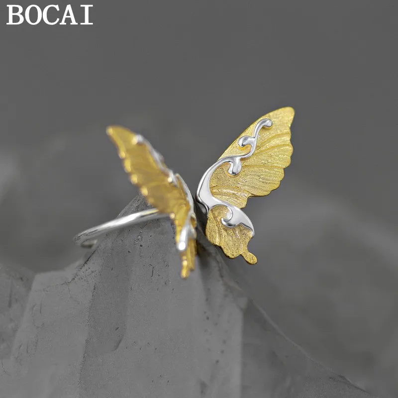 

BOCAI NEW S925 Sterling Silver Elegant And Artistic Fun Butterfly Open Ring Ladies' Gift