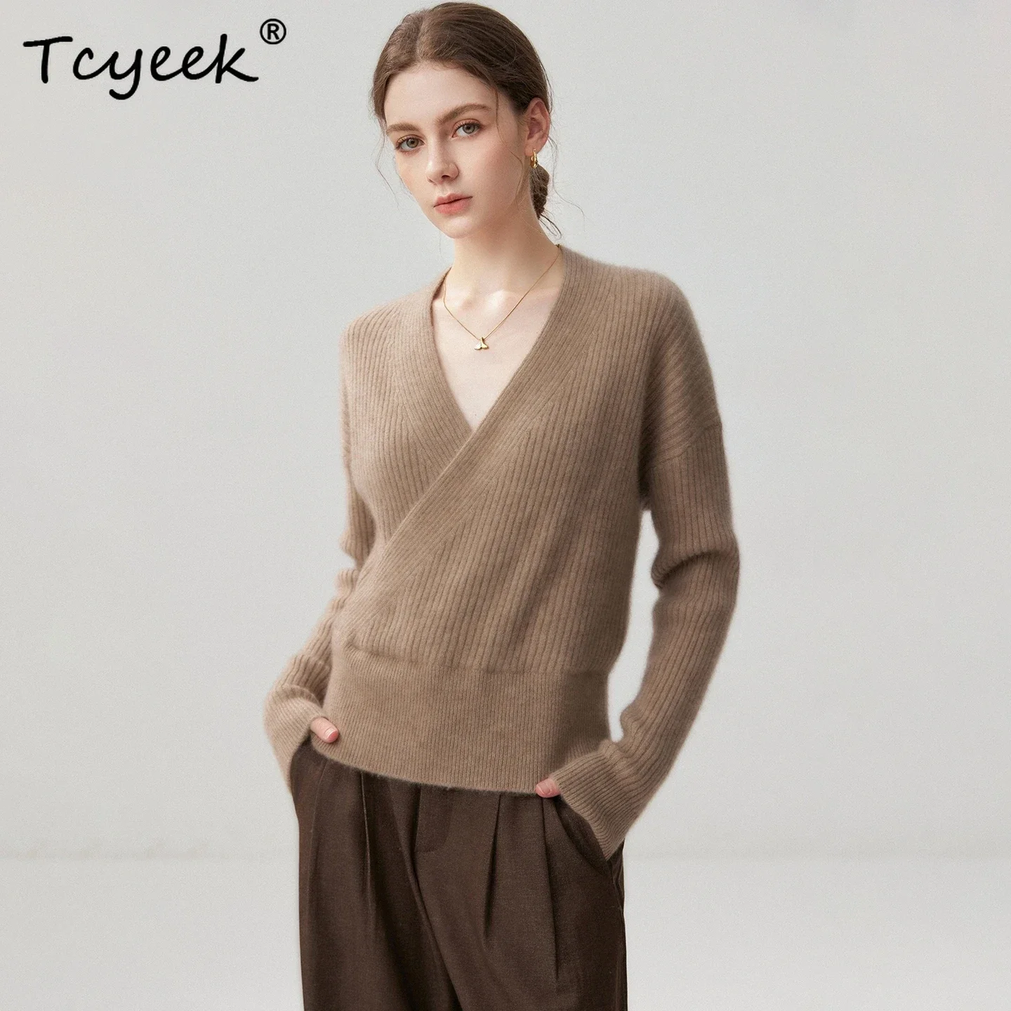 Grace Tops Women's Sweater Pullover Autumn Winter Warm Knitwear Clothing Thick Striped Cross Neck Oblique 100% Cashmere Sweater