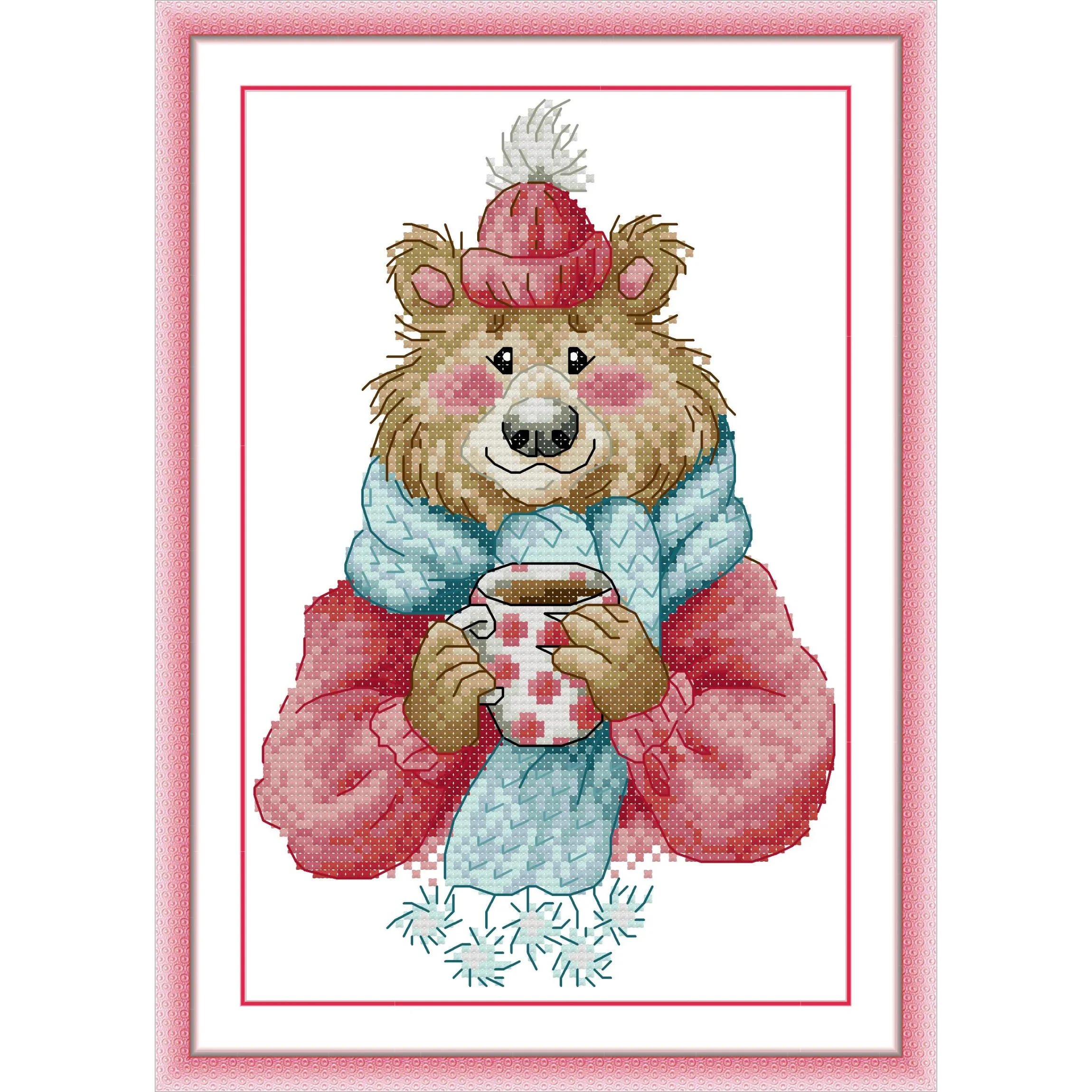 News Pre-Printed Cross Stitch Kit, Stamped Aida Fabric With DMC Threads, Embroidery Kit - Little Bear Hot Coffee