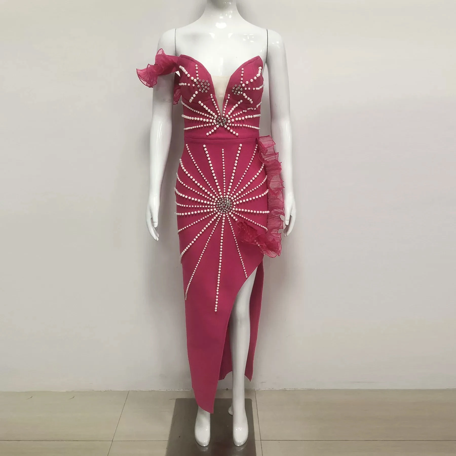 

Women Fuchsia One Shoulder Pearl Rhinestone Ruffle Bandage Bodycon High Slit Long Maxi Dress Evening Party Gown Dresses