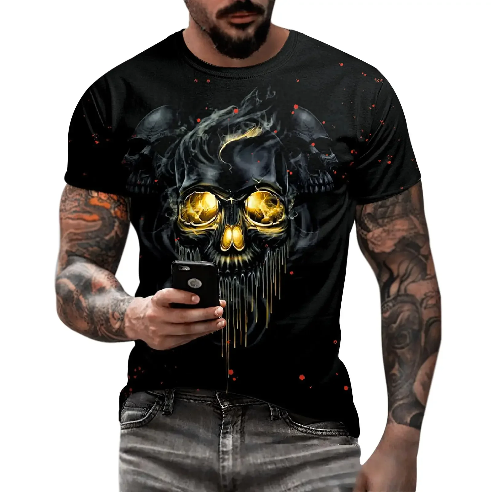 Totenkopf-Print Street Rock Herrenbekleidung 3D-Print Totenkopf-Grafik T-Shirts Vintage Gothic T-Shirt Herren O-Neck Fashion Hip Hop T-Shirt