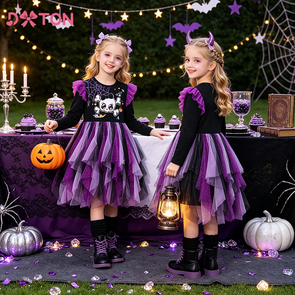 DXTON Kids Baby Halloween Party Dresses For Girls Spider Skull Children Cosplay Vestidos Autumn Mesh Layered Girl Princess Dress