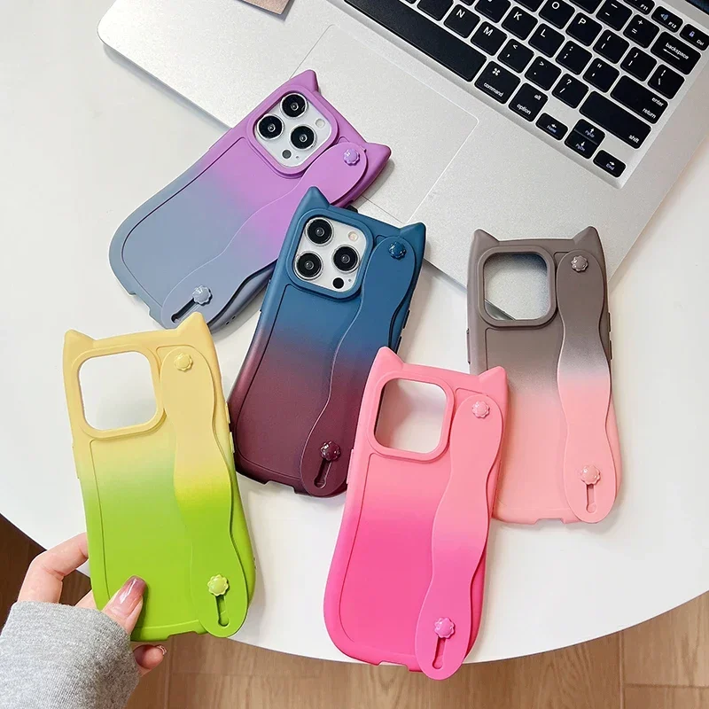 CAT EAR GRADIENT COLOR HOLDER CASE FOR HUAWEI PURA 70 ULTRA P50 P60 MATE 40 50 60 PRO NOVA 10 11 12 PRO HONOR 50 PRO TPU COVER