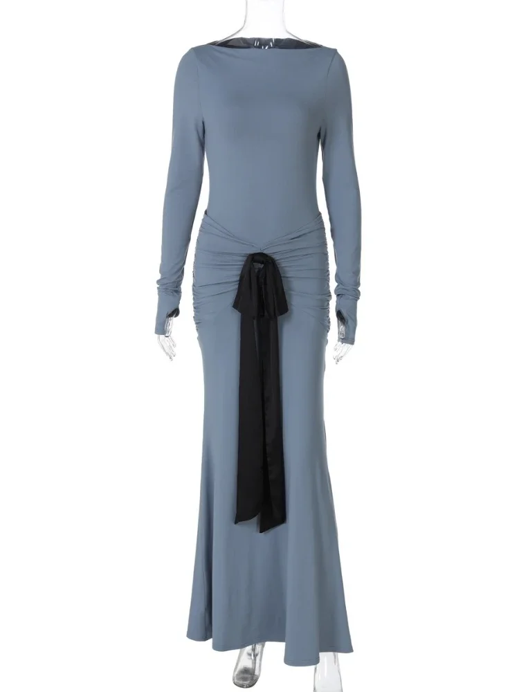 FDYOUI Elegant Long Sleeve Folds Evening Dresses for Women Chic Tunics Ruched Bowknot Long Maxi Party Prom Dress Vacation Outfit