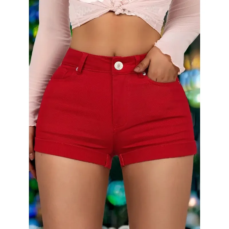 

Women's Large Size High Waisted Red Denim Shorts Classic Design for Summer Fashion Casual Everything Forward Choice