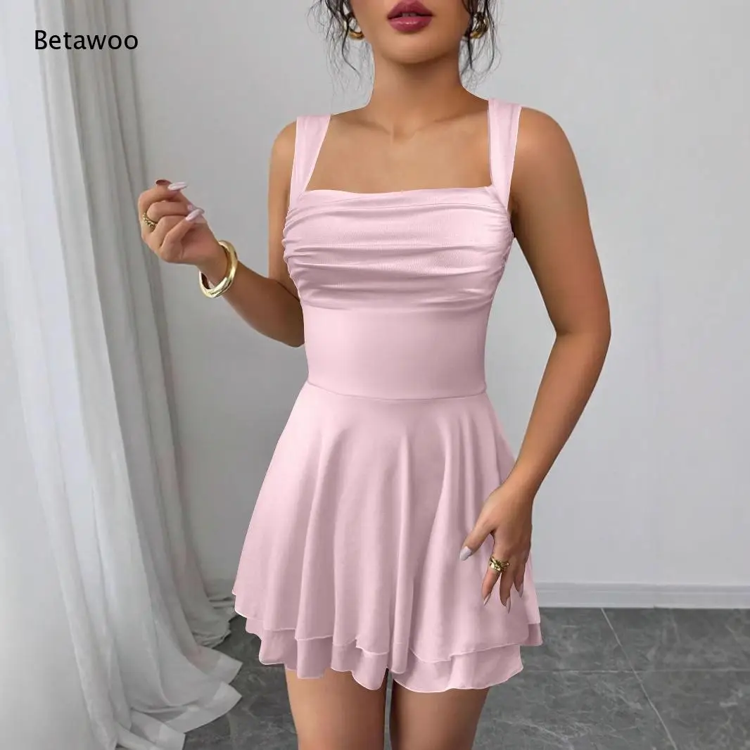 Women Square Wide Strap Ruched Waist Double Layer Ruffle Hem Mini Skater Dress for Summer Daily Outfit