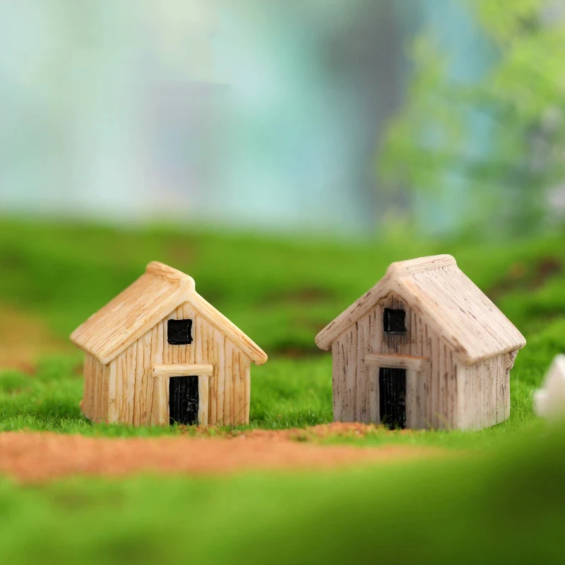 2Pcs Mini Resin Cottage Figurines Rustic Fairy Garden Houses Miniature Cabin Ornaments For DIY Moss Terrarium Landscape Decor