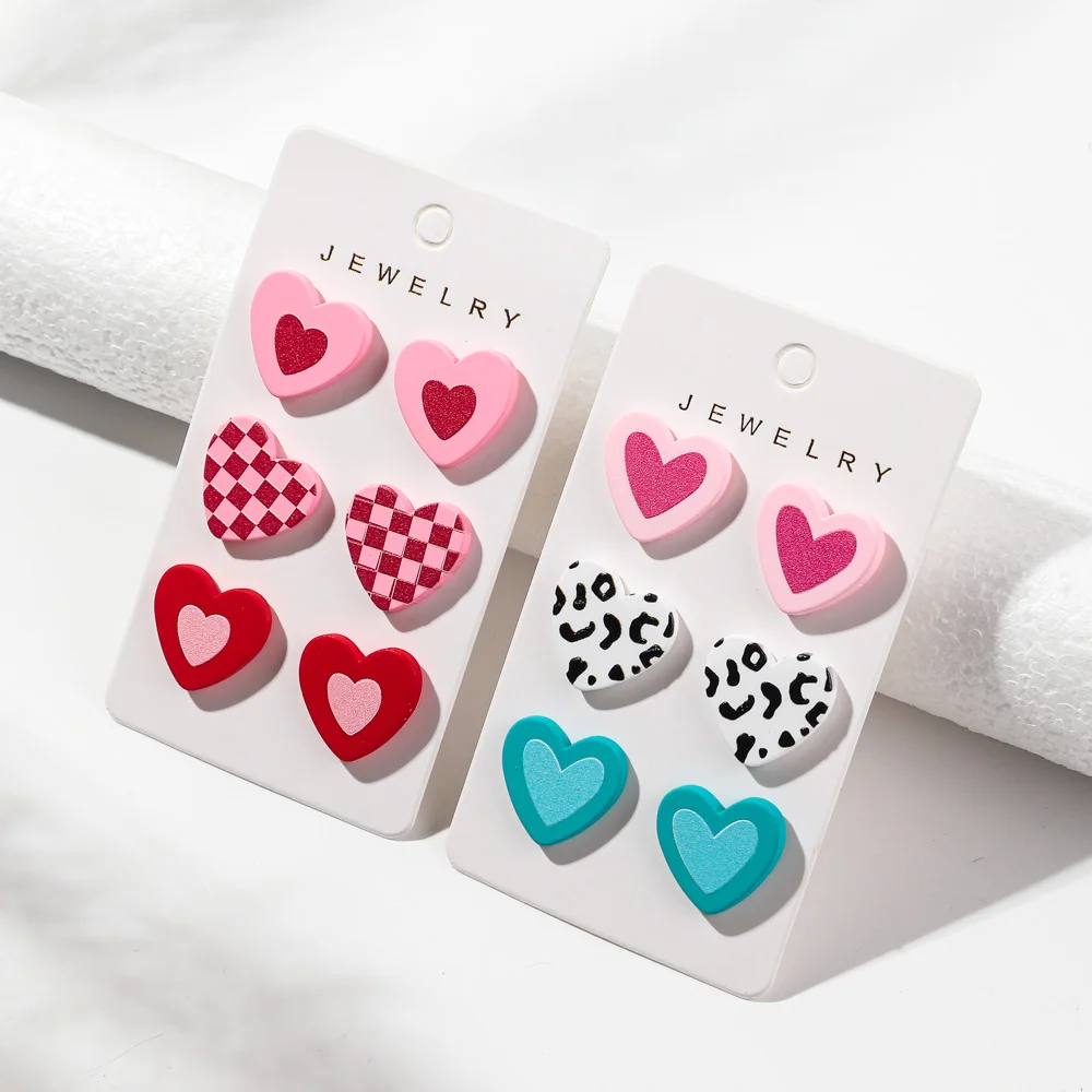 3 pairs/set Valentine's Day Cute Acrylic Grid Heart Stud Earring Set for Women Cartoon Earrings Fashion 2025 Jewelry Gift
