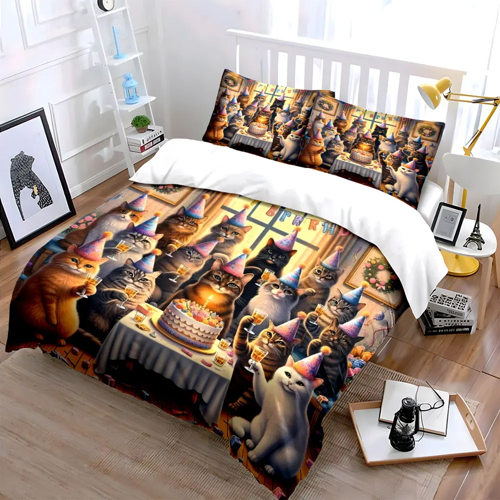Cats' birthday party celebration Pattern Duvet Cover Set Digital Print Colorful Polyester Bedding with Zipper Closur for gifts