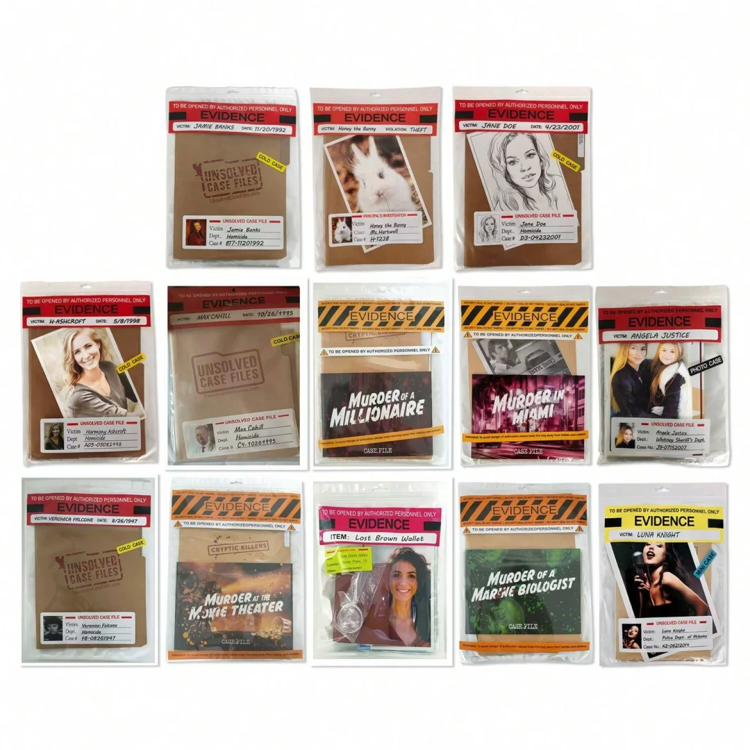 

Unsolved Mysteries Case Files game, a murder mystery card game, perfect for holiday parties and gatherings.