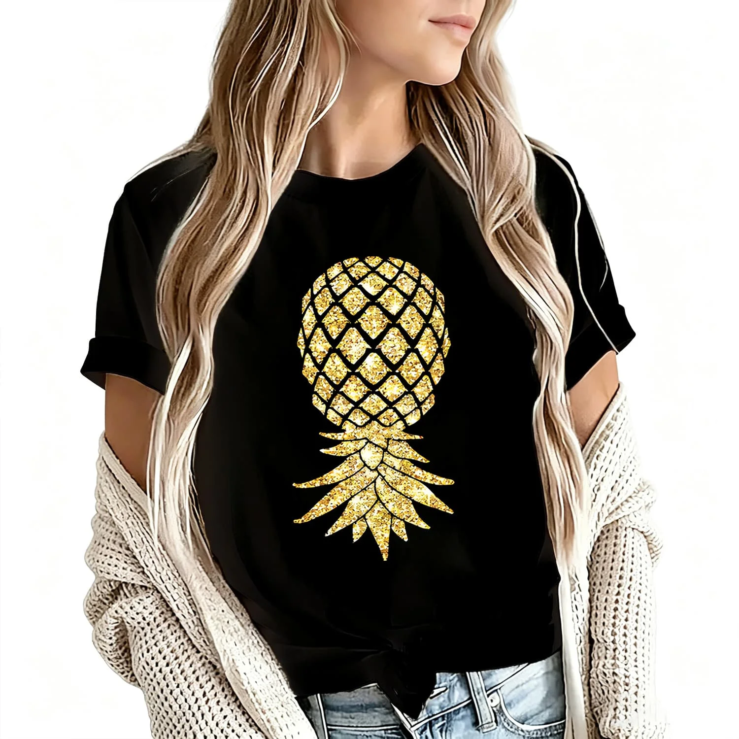 Golden Sparkling Pineapple Women's T-Shirt 100% Cotton Funny Graphic Short Sleeve Tee Novelty Shirt Casual Crew Neck Top S-5Xl