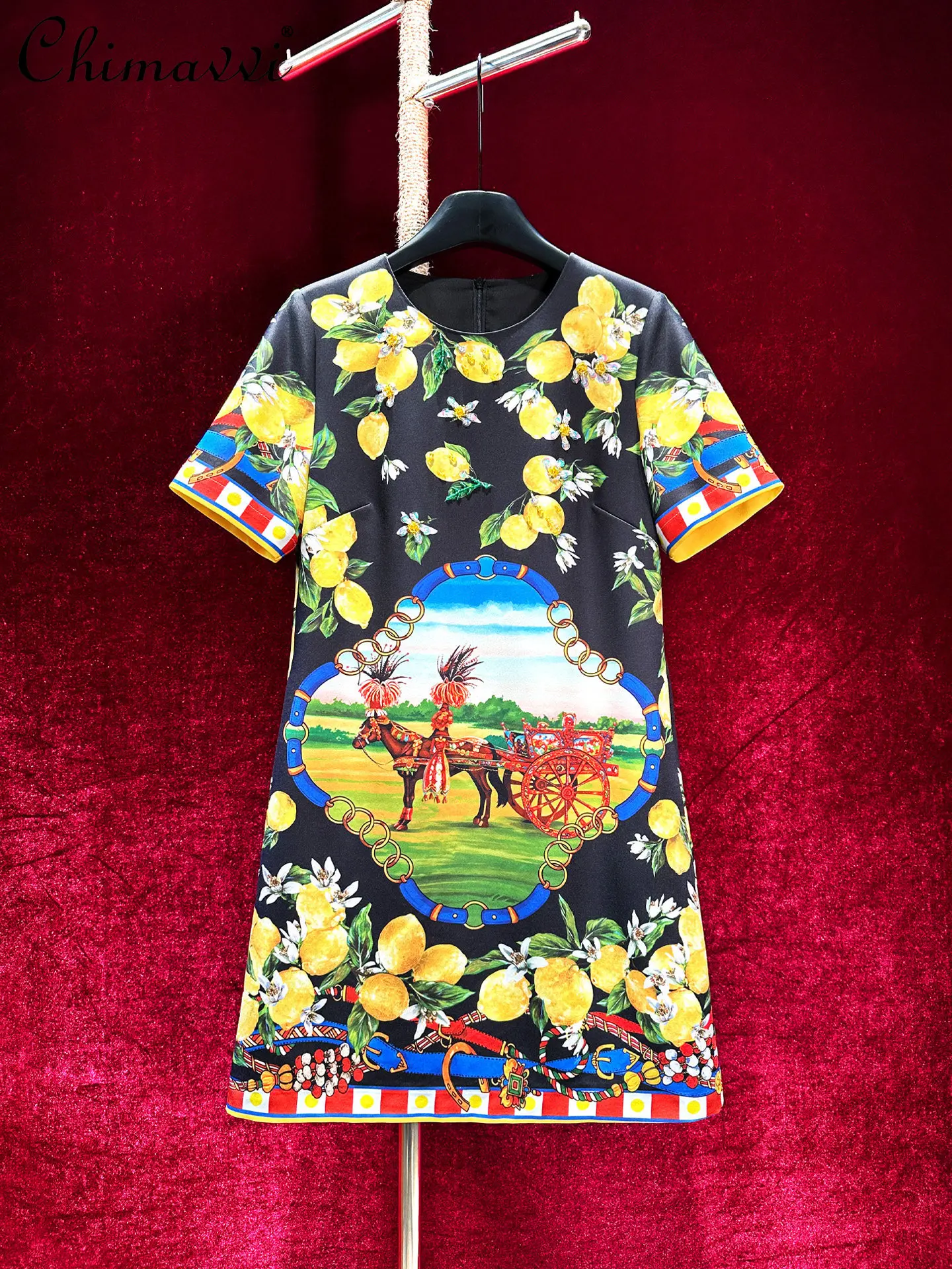 

French Retro Print High-end Heavy Beaded Beautiful Short-sleeve Dress 2026 Summer New Elegant Vintage Short Women's Dress