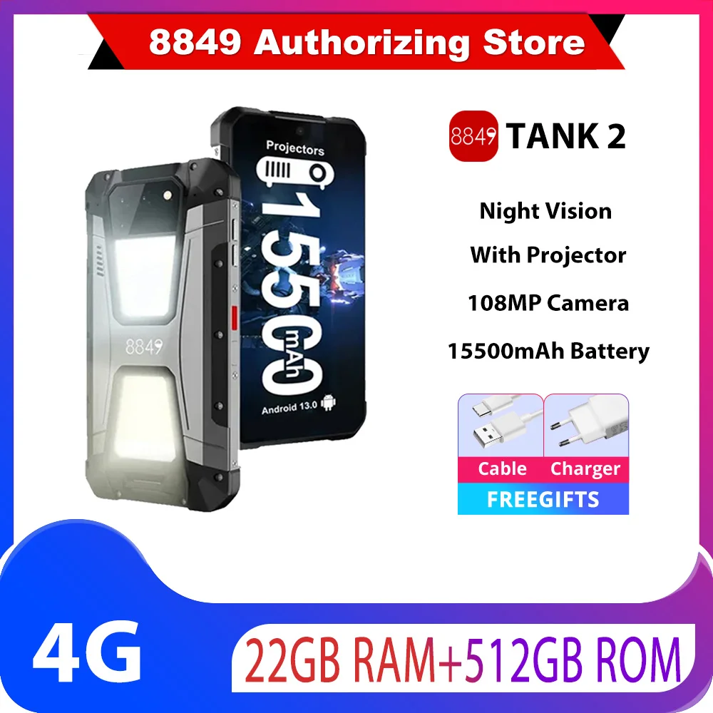 8849 Tank 2 Rugged by Unihertz Projector 22GB RAM 512GB ROM 108MP Camping Light 64MP Super Night Vision G99 15500mAh TF NFC