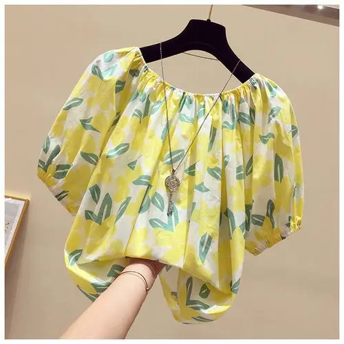 Women Summer Fashion Loose Floral Sexy Slash Neck Short Sleeve Chiffon Shirts Women Clothes Casual All-match Appear Thin Top Tee