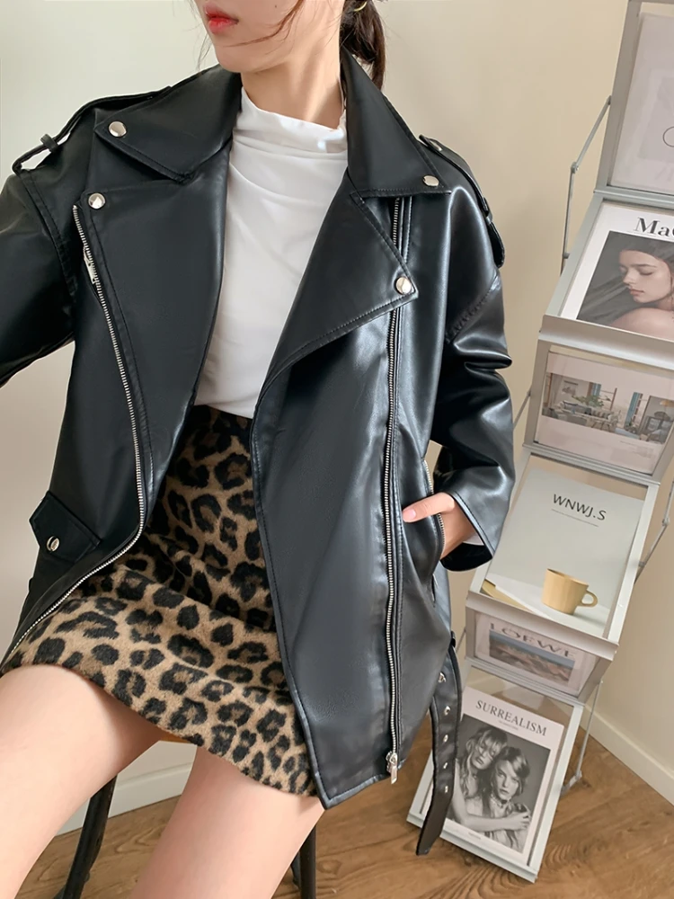 FTLZZ Spring Autumn Women Moto Biker Punk Style PU Coat Brown Faux Leather Jacket Casual Loose Locomotive Outwear with Belt