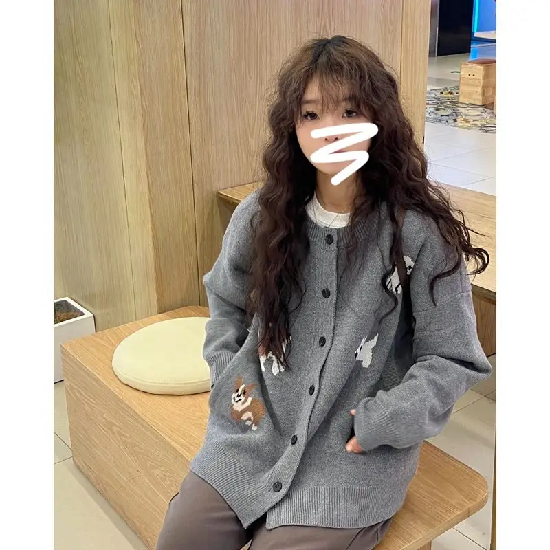 Korejpaa Korean Fashion Sweater Cardigans Women Gray Cartoon Dog Jacquard Knitted Cardigan Knitwear Gentle O Neck Sweet Tops