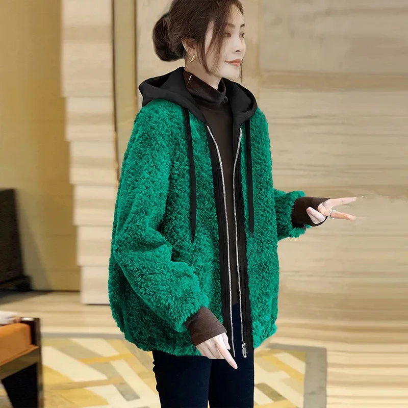 Green Plush Jackets For Women 2023 Zipper Hooded Stitching Coat Autumn Winter Fashion Long Sleeves Chamarras Para Mujer