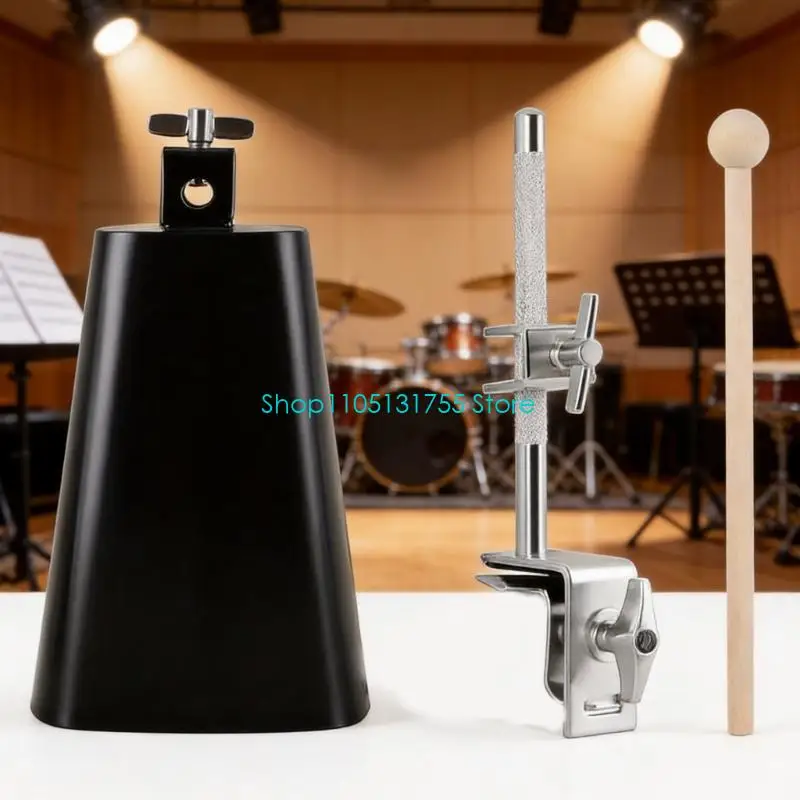 K0EF Drum Cowbell Set with Adjustable Clamp Mount and Wooden Stick, 7 Inch Metal Percussion Bell Accessory for Rhythm Practice,