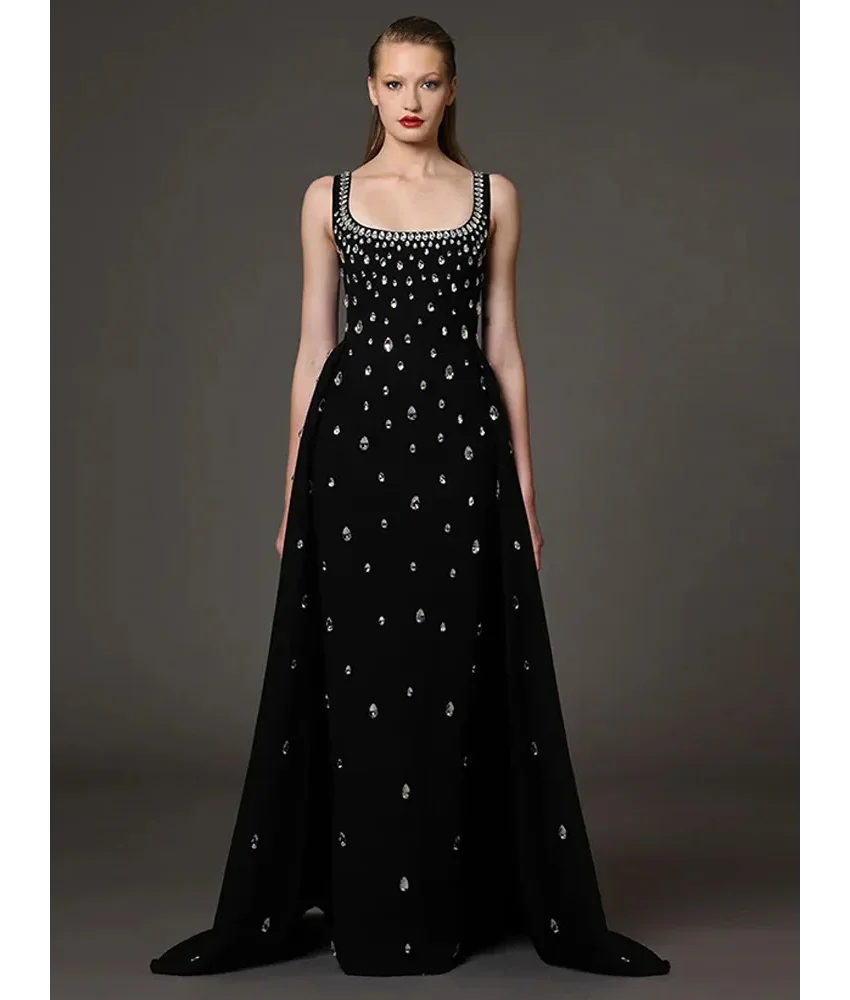 

Роскошное вечернее платье трапециевидной формы из джерси с кристаллами по индивидуальному заказу, темпераментное вечернее платье без рукавов с квадратным вырезом длиной до пола, вечерние платья нестандартного размера