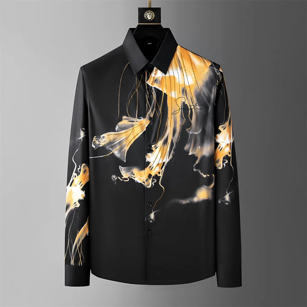 Luxury Art Printed Long Sleeve Shirt for Men Brand Rhinestone Casual Business Dress Shirts Slim Fit Party Tuxedo Streetwear Tops