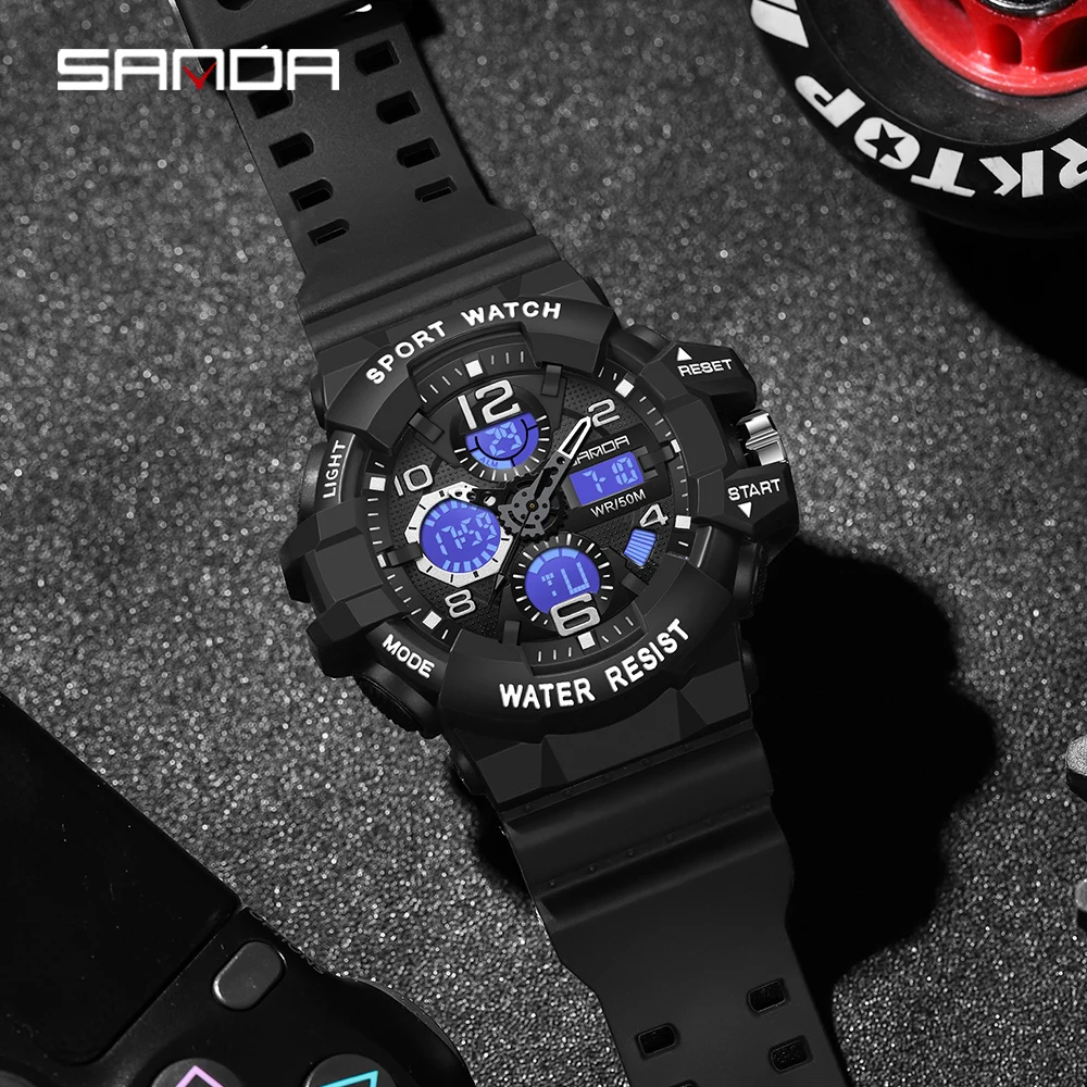 SANDA Men Analog Digital Watches Sports Military Multi-Function Wristwatch Waterproof Shock Resistant Man Quartz Watch Relogio