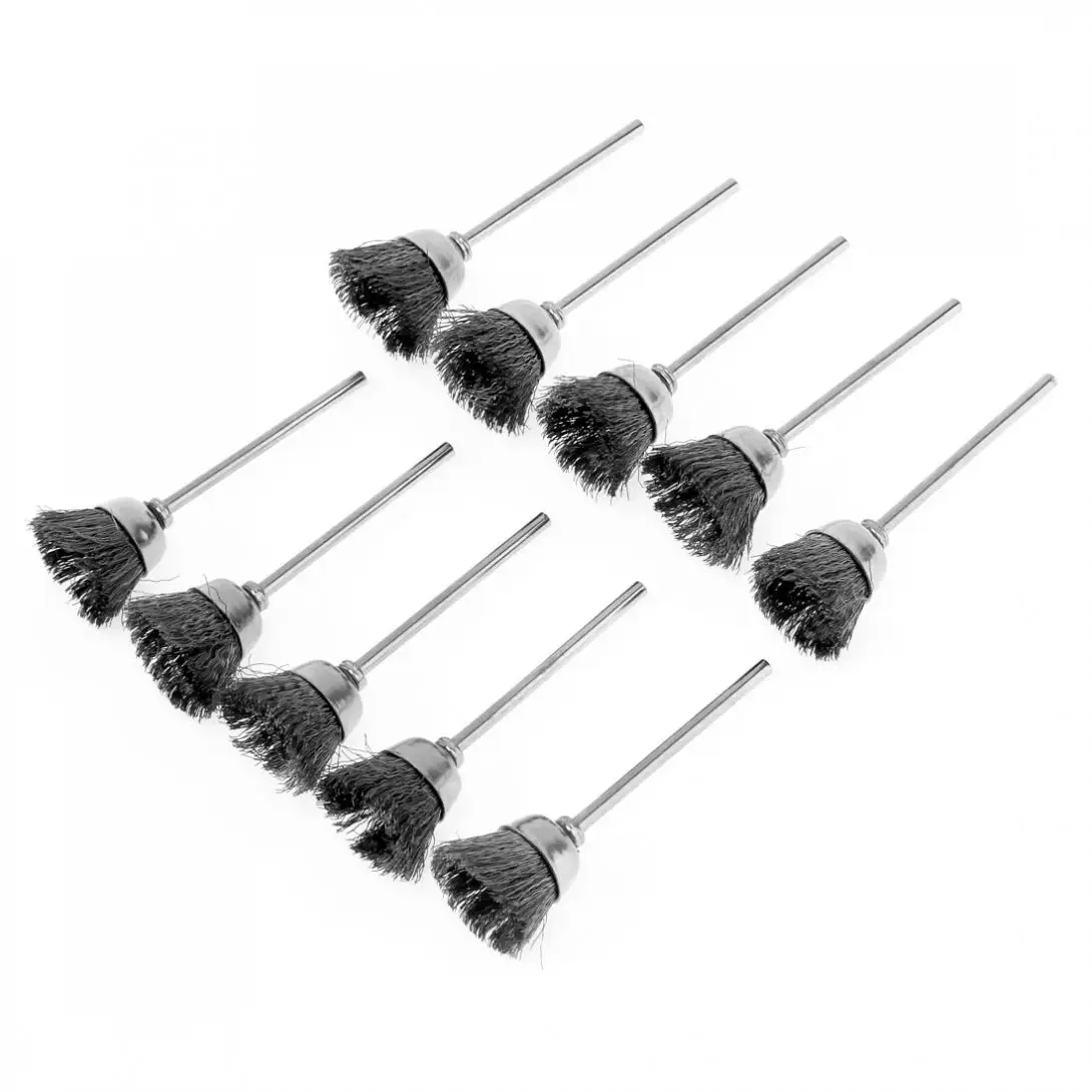 10 Stück/Set Edelstahl-Enddrahtbürste mit 13/25 mm schalenförmigem Kopf, 3 mm Schaft, Werkzeugzubehör für die Reinigung von Bohrwerkzeugen – Detail 6