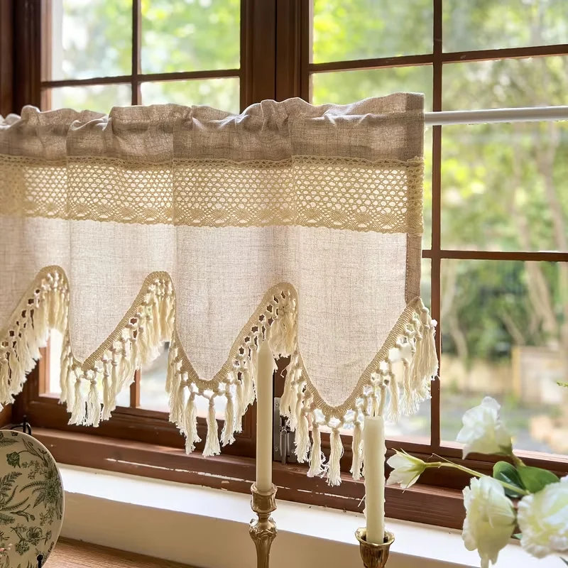 1PC Vintage Stitched Light Coffee Short Curtain with Wavy Bottom Tassels, for Kitchen, Study & Home Decoration
