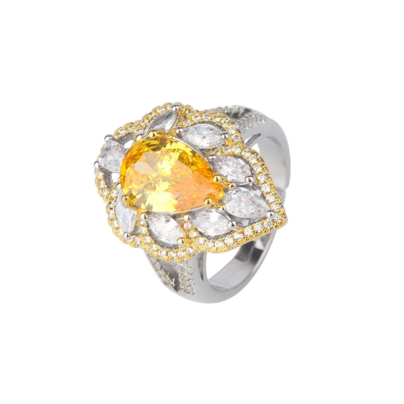 2023 New In Ring Open Adjustable Senior Lady Retro Palace Style Yellow High Carbon Diamond Flower Exotic Accessories Wedding