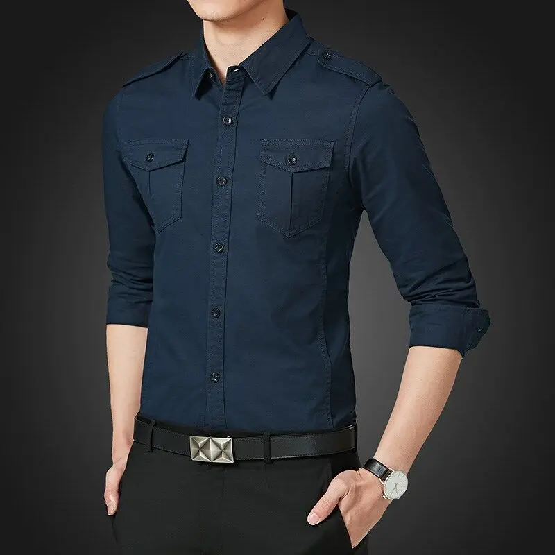Spring Autumn Men\'s Solid Color Square Collar Long Sleeve Button Slim Shirts Safari Atyle Patchwork Pockets Business Casual Tops