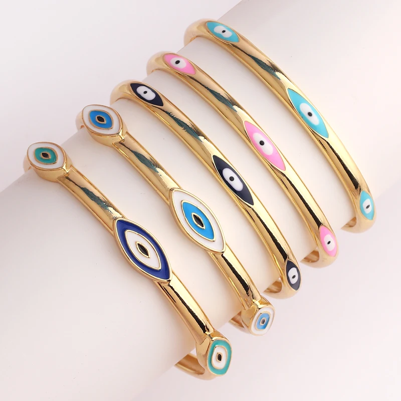 Oil Painting Colorful Evil Eye Bangles For Women Copper Gold Plated Enamel Cuff Bangles Adjustable Lucky Turkish Jewelry