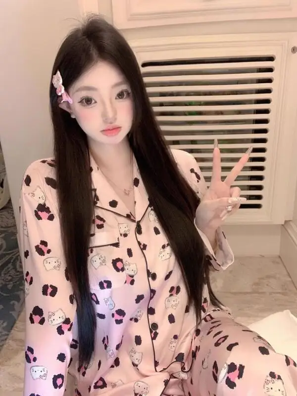 

Sanrio Kitty пижамы с леопардовым принтом, женские осенние новые стильные кардиганы с длинными рукавами, одежда для отдыха, роскошный костюм