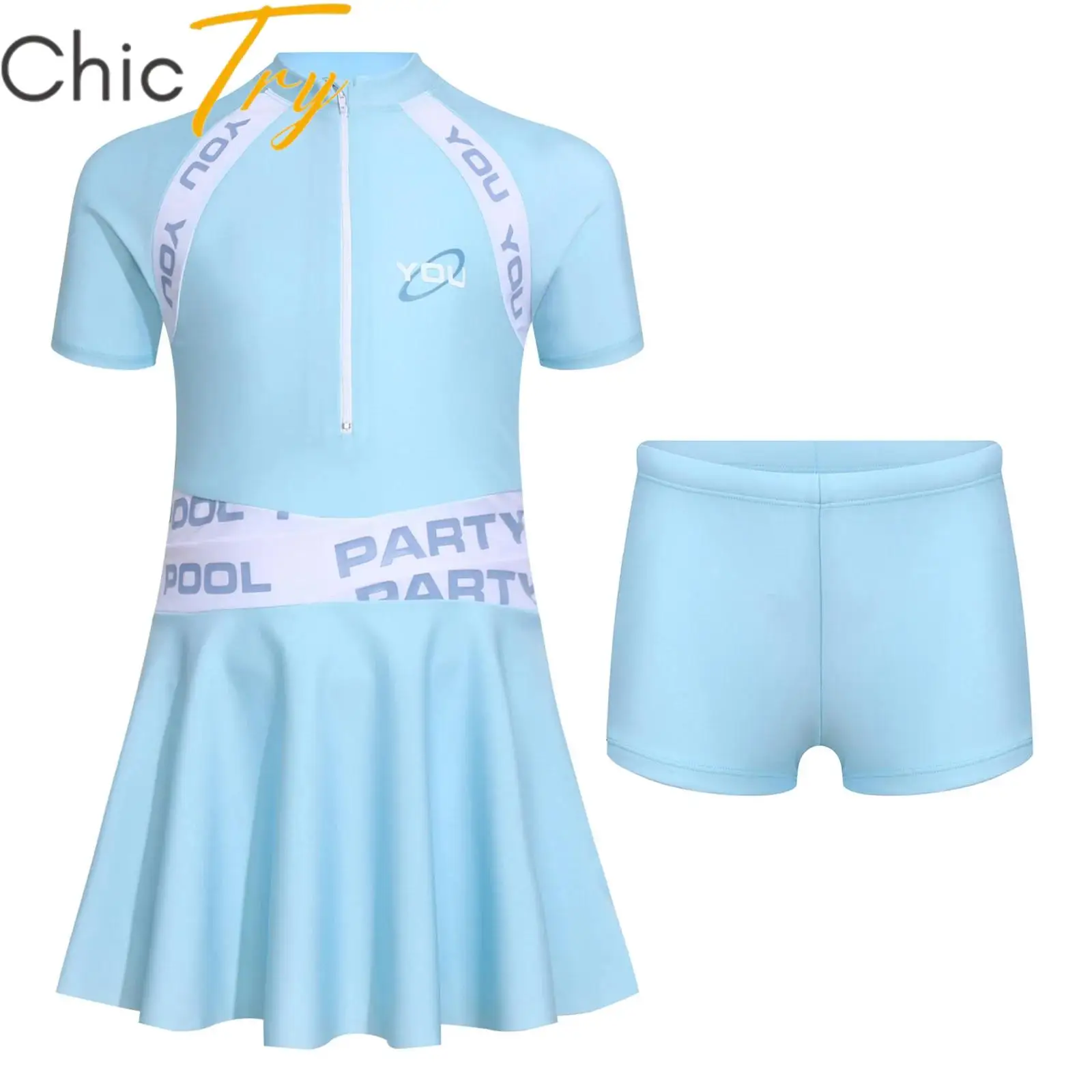 

Kids Girls Swim Sets 2PCS Swimsuit Short Sleeve Letter Printed Dress with Shorts Bathing Suits for Swimming Vacation Beachwear