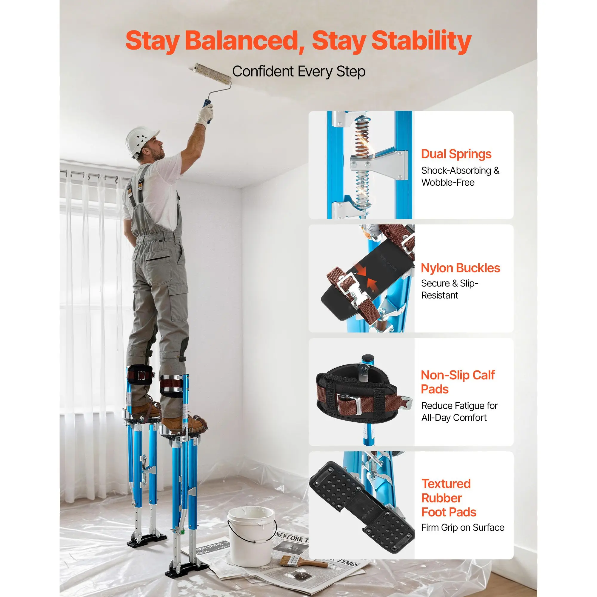 Drywall Stilts, 24.2-40.3 Inch Adjustable Aluminum Painter, 228 lbs Load Capacity, Non-Slip Rubber Feet, Dual Spring Shock