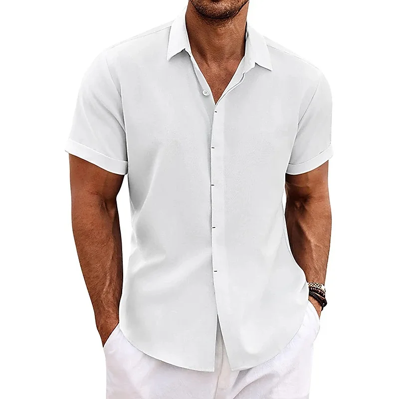 Summer Men's Casual Shirts Fashion Solid Color Stand Collar Single-breasted Cotton Blended Breathable Business Daily Shirts
