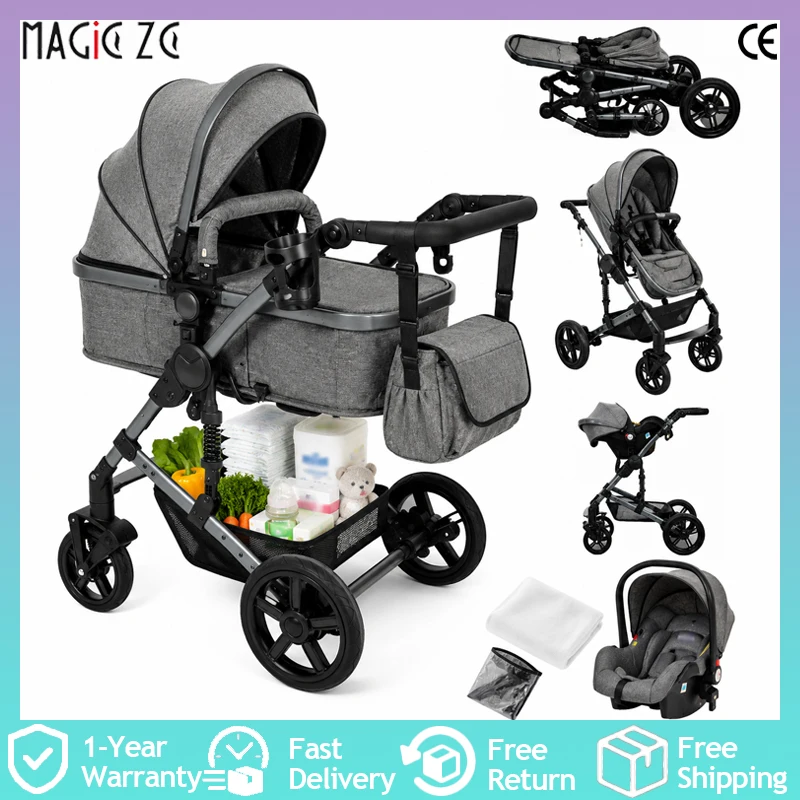 Passeggino 3 in 1 per bambini, sistema da viaggio con telaio combinato in alluminio, leggero, pieghevole, sedile alto, reversibile, ruote per tutti i