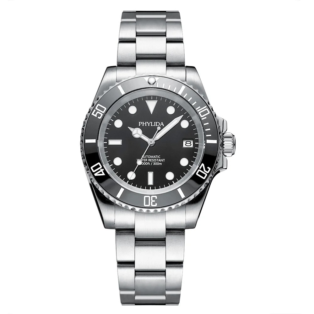 

PHYLIDA 300M Water Resistant 40mm Men's Black Diver Watch Automatic nh35 Movement Sapphire Crystal SUB