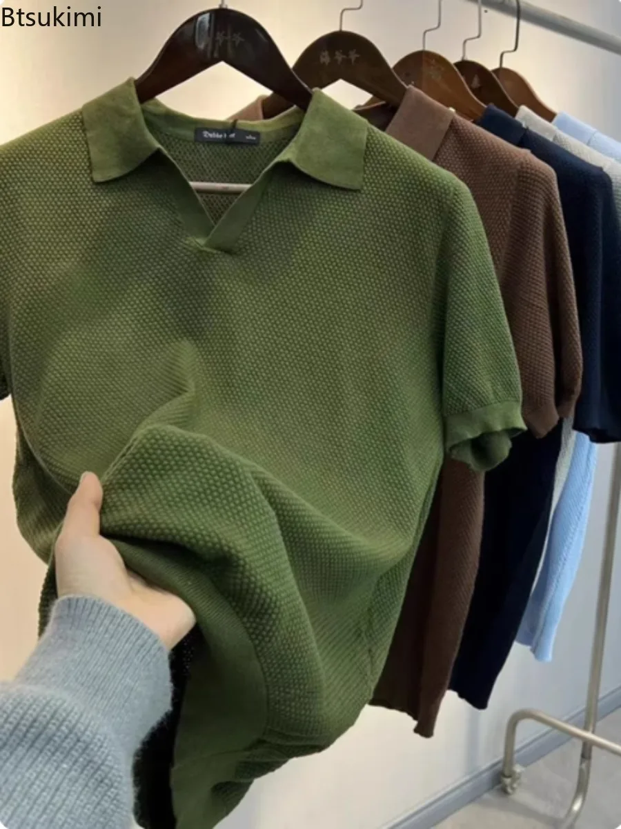 

Mens 100% Pure Cotton Polo Shirt Lapel Breathable Top Short Sleeves Solid Knit T Shirt 2025 Summer Casual Basis Knitting Tops