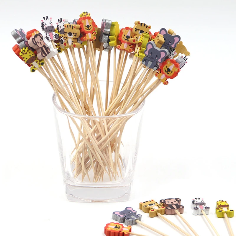 100Pcs/Bag Cartoon Forest Animal Theme Fruit Dessert Sticks Cupcake Buffet Cocktail Bamboo Pick for Kids Birthday Party Decor