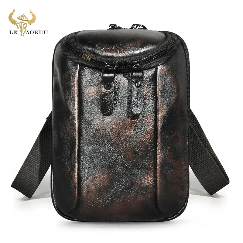 

New Genuine Leather men Coffee Vintage Small Shoulder Messenger Bag Designer Hook Fanny Waist Belt Pack Cigarette Case 611-25-d