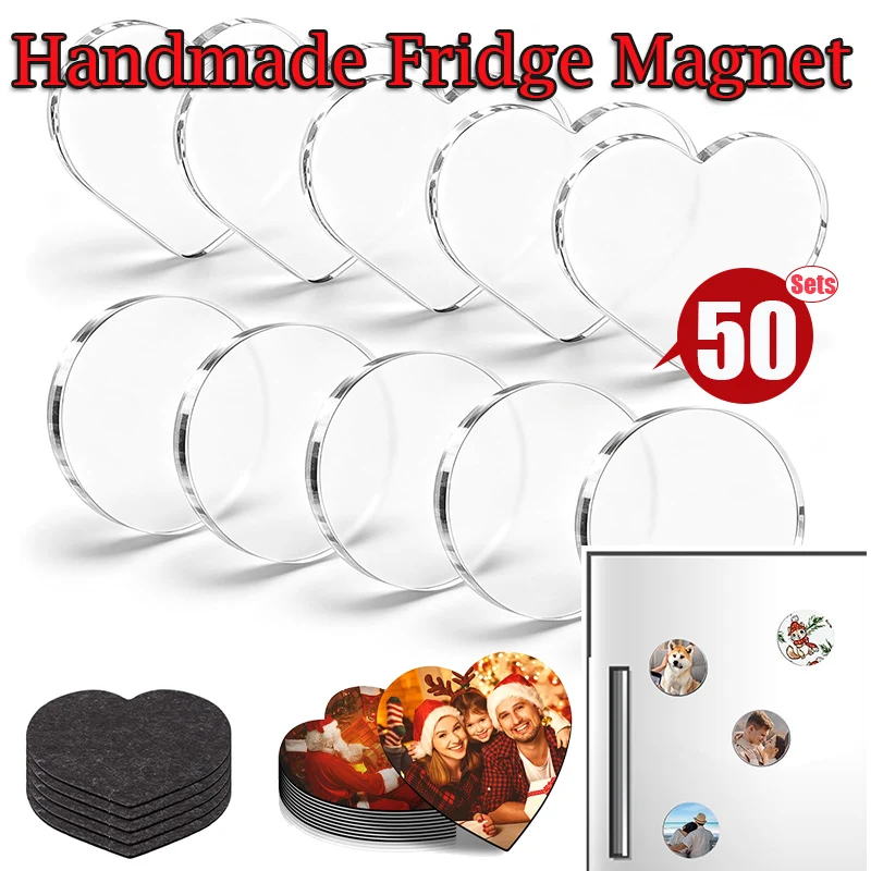 4~50Pack Heart Acrylic Fridge Magnet DIY Kit Square Round Fridge Magnet Craft Set with Adhesive Backing Make Your Own Magnet Kit