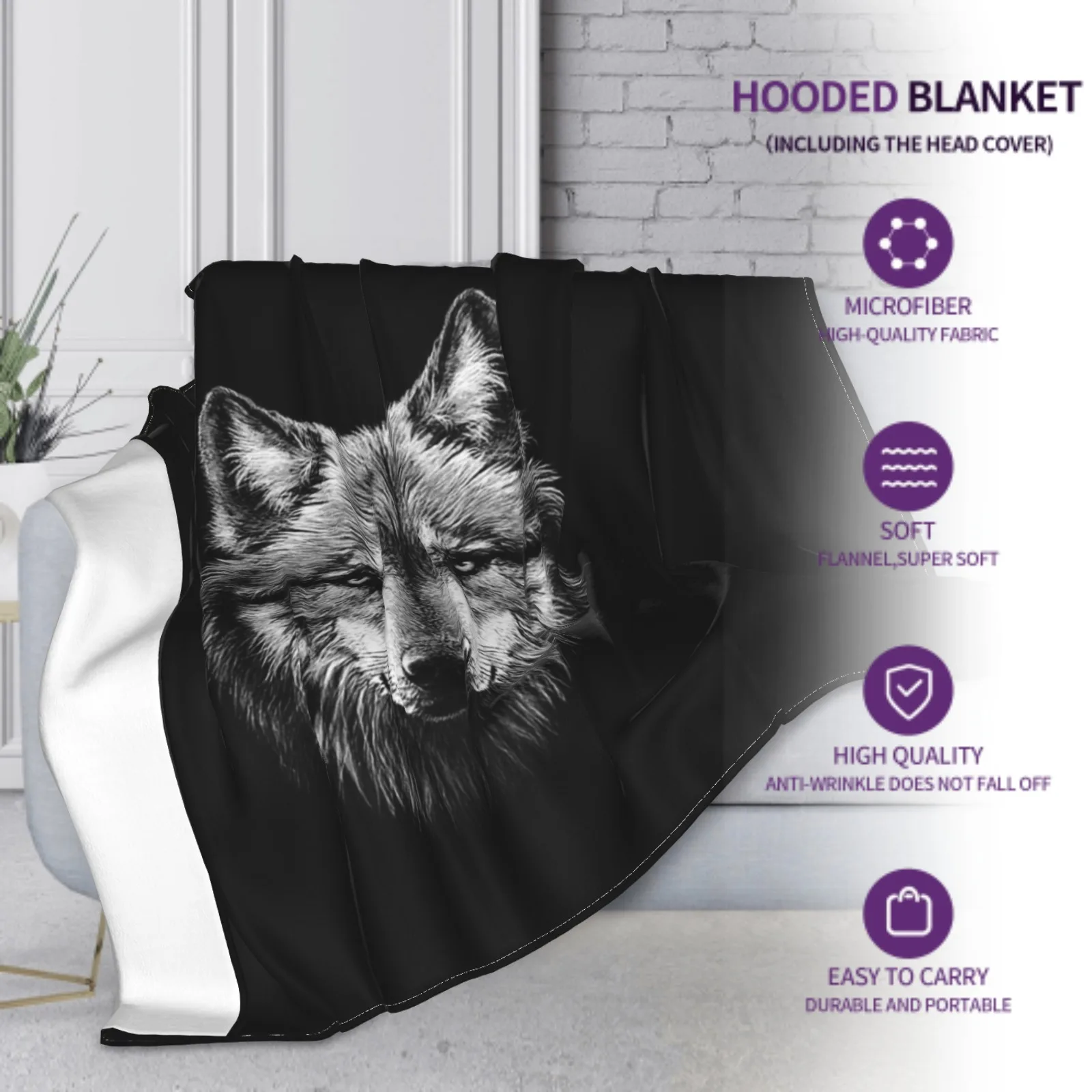 Dg Wolf Soft Cozy Hooded Blanket Black Wolf Print Art Warm Sherpa Fleece Wearable Throw Blanket Microfiber for Home Office