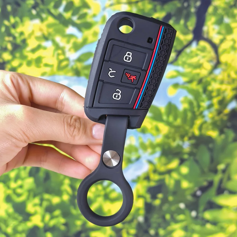 Hex Tricolor Honeycomb Key Cover With Keychain For VW Golf GTI Alltrack Golf R Sportswagen Polo Skoda Tiguan Atlas e-Golf Jetta