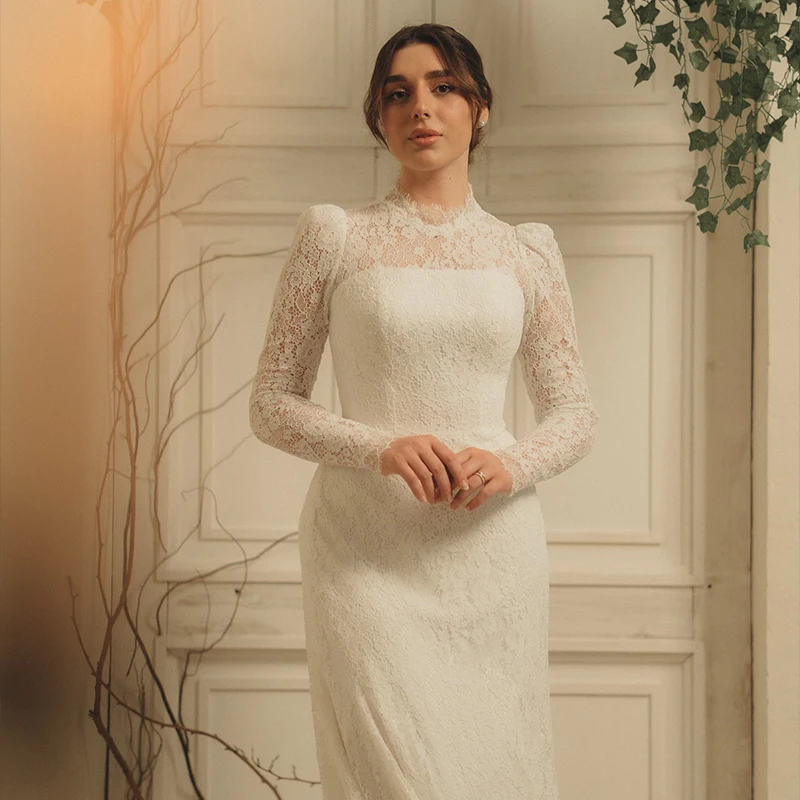 

Luxury Weddings Dresses High Neck Long Sleeve Brides Dress with Button Mermaid Lace Bridal Gown Customized Vestidos De Novia